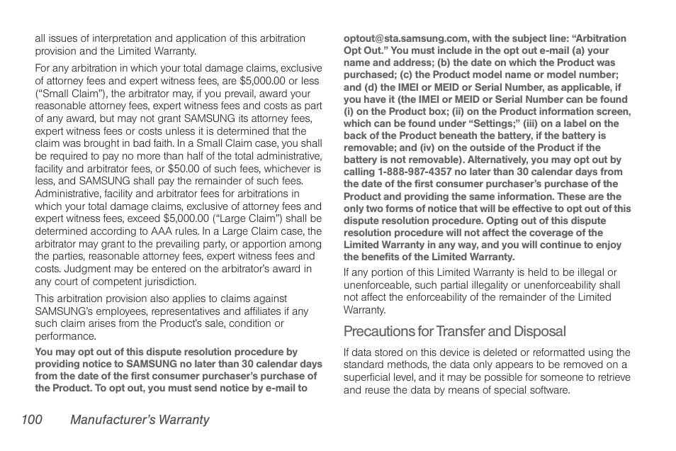 Precautions for transfer and disposal | Samsung SPH-M260ZKABST User Manual | Page 110 / 121