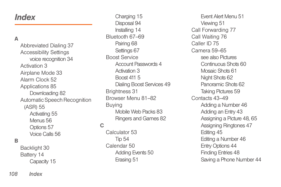 Index | Samsung SPH-M260ZKABST User Manual | Page 118 / 121