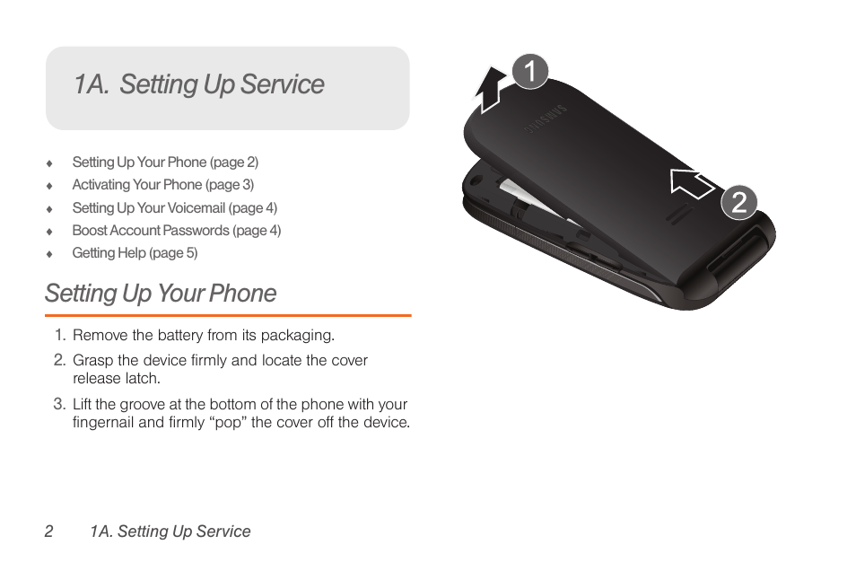 1a. setting up service, Setting up your phone | Samsung SPH-M260ZKABST User Manual | Page 12 / 121