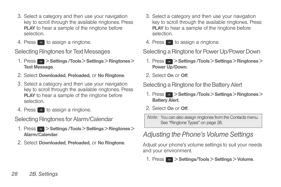 Adjusting the phone’s volume settings | Samsung SPH-M260ZKABST User Manual | Page 38 / 121