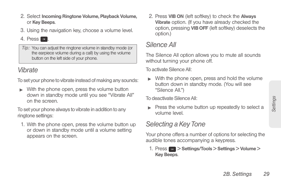 Vibrate, Silence all, Selecting a key tone | Samsung SPH-M260ZKABST User Manual | Page 39 / 121