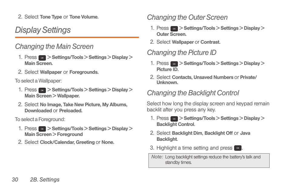 Display settings, Changing the main screen, Changing the outer screen | Changing the picture id, Changing the backlight control | Samsung SPH-M260ZKABST User Manual | Page 40 / 121