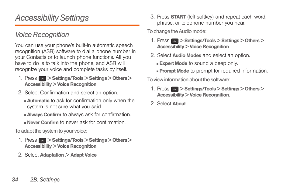 Accessibility settings, Voice recognition | Samsung SPH-M260ZKABST User Manual | Page 44 / 121