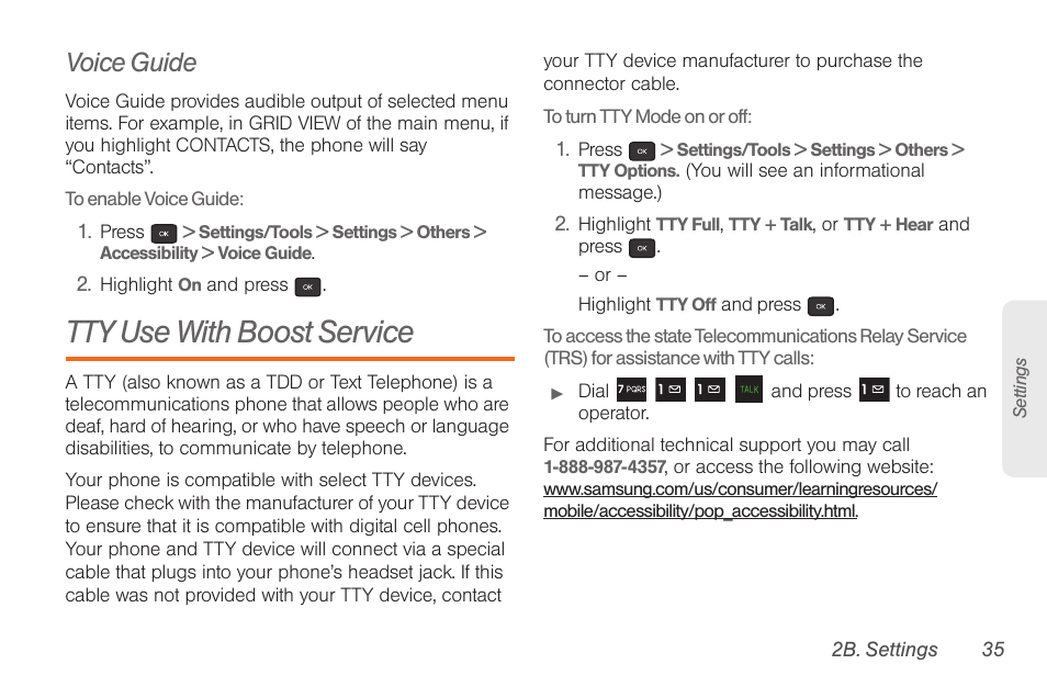 Voice guide, Tty use with boost service | Samsung SPH-M260ZKABST User Manual | Page 45 / 121