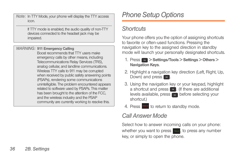 Phone setup options, Shortcuts, Call answer mode | Samsung SPH-M260ZKABST User Manual | Page 46 / 121
