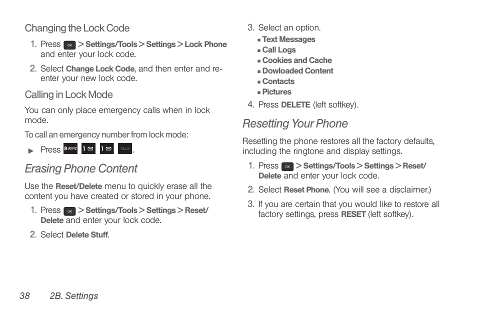 Erasing phone content, Resetting your phone | Samsung SPH-M260ZKABST User Manual | Page 48 / 121