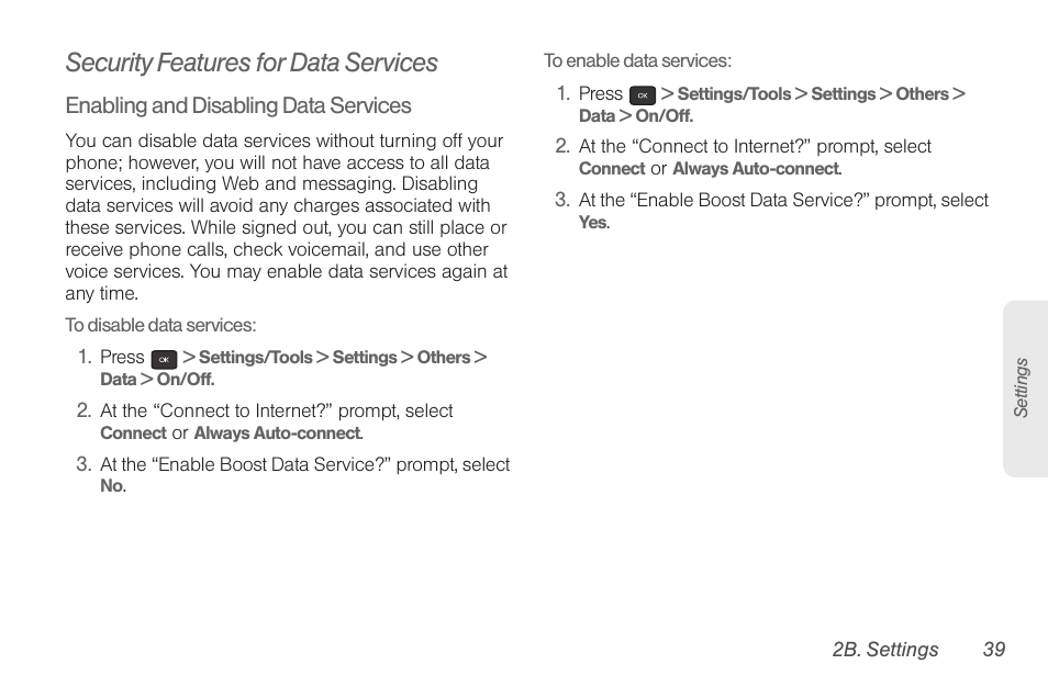 Security features for data services | Samsung SPH-M260ZKABST User Manual | Page 49 / 121