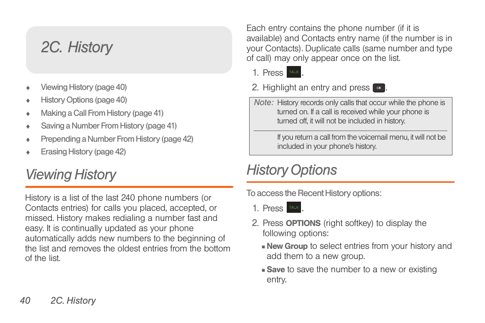 2c. history, Viewing history, History options | Samsung SPH-M260ZKABST User Manual | Page 50 / 121