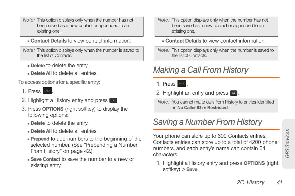 Making a call from history, Saving a number from history | Samsung SPH-M260ZKABST User Manual | Page 51 / 121