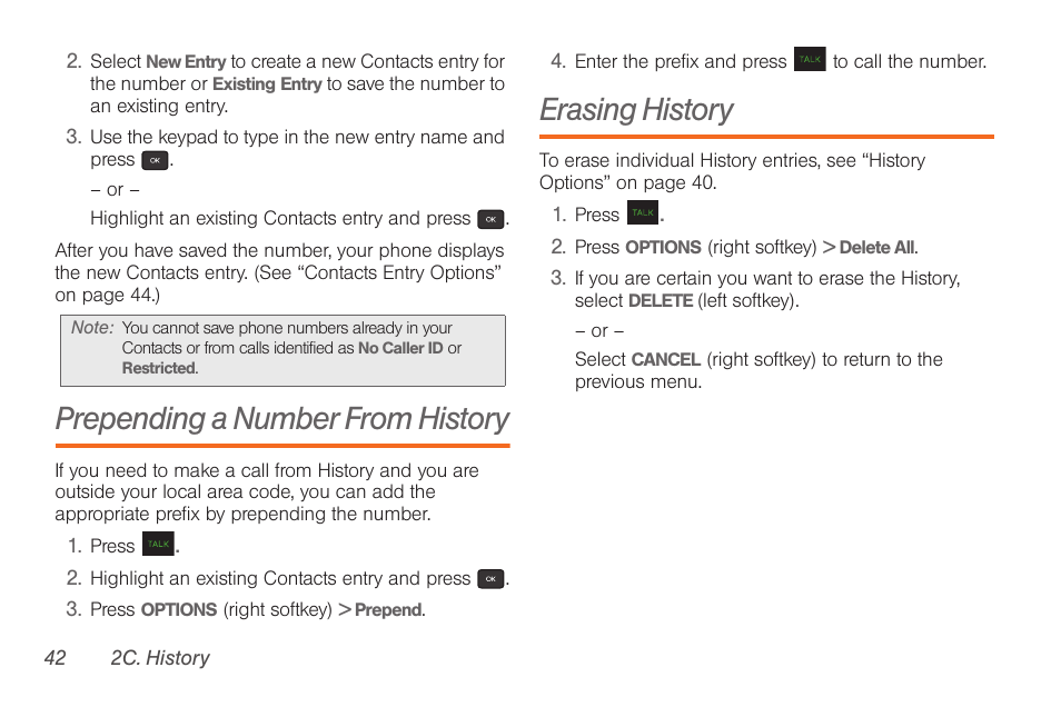 Prepending a number from history, Erasing history | Samsung SPH-M260ZKABST User Manual | Page 52 / 121