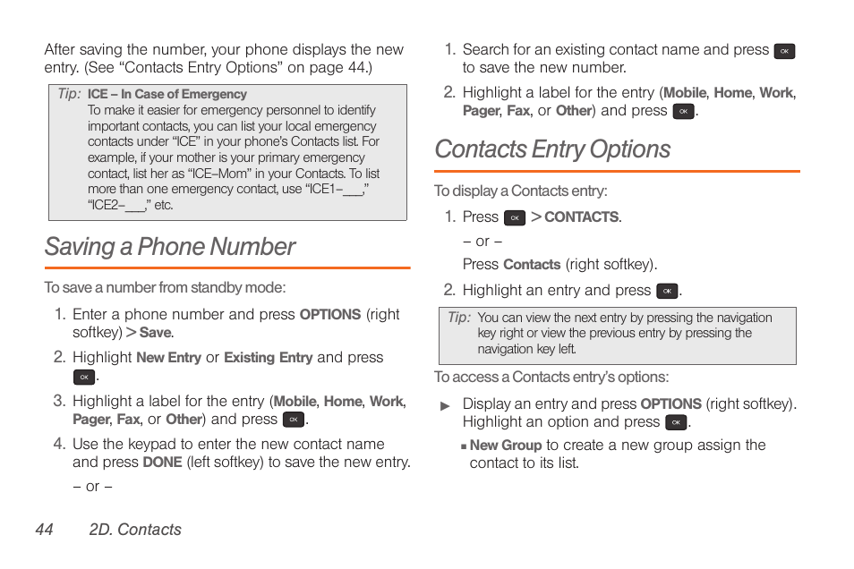 Saving a phone number, Contacts entry options | Samsung SPH-M260ZKABST User Manual | Page 54 / 121