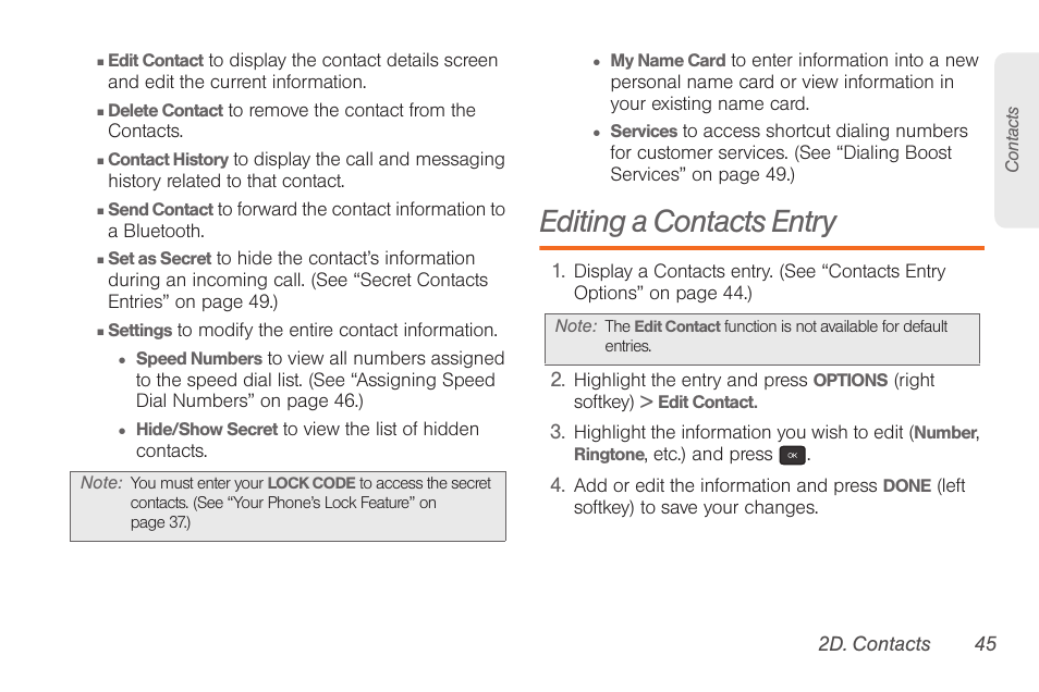 Editing a contacts entry | Samsung SPH-M260ZKABST User Manual | Page 55 / 121