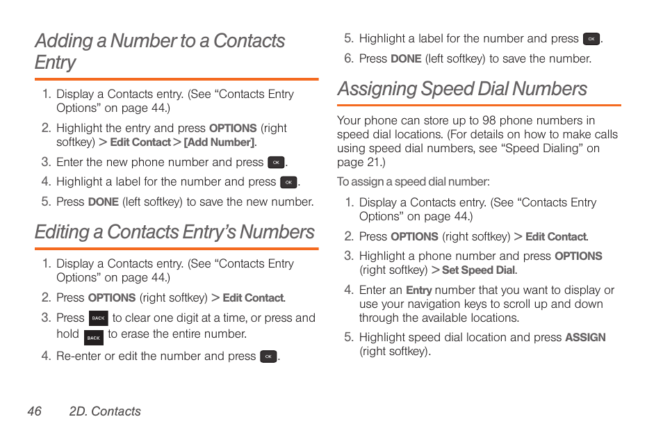 Adding a number to a contacts entry, Editing a contacts entry’s numbers, Assigning speed dial numbers | See “assigning speed dial | Samsung SPH-M260ZKABST User Manual | Page 56 / 121