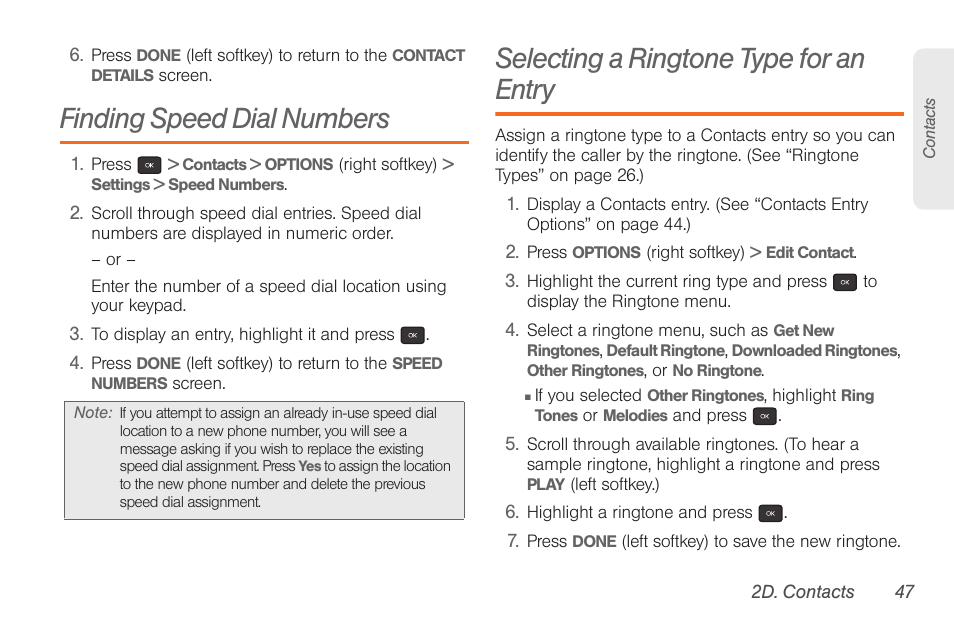 Finding speed dial numbers, Selecting a ringtone type for an entry | Samsung SPH-M260ZKABST User Manual | Page 57 / 121