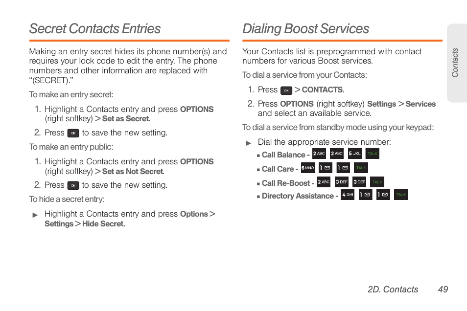 Secret contacts entries, Dialing boost services | Samsung SPH-M260ZKABST User Manual | Page 59 / 121