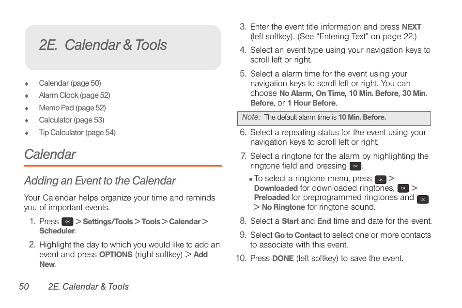 2e. calendar & tools, Calendar, Adding an event to the calendar | Samsung SPH-M260ZKABST User Manual | Page 60 / 121