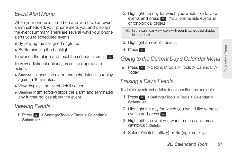 Event alert menu, Viewing events, Going to the current day’s calendar menu | Erasing a day’s events | Samsung SPH-M260ZKABST User Manual | Page 61 / 121