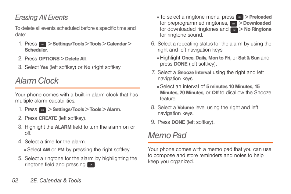 Erasing all events, Alarm clock, Memo pad | Samsung SPH-M260ZKABST User Manual | Page 62 / 121