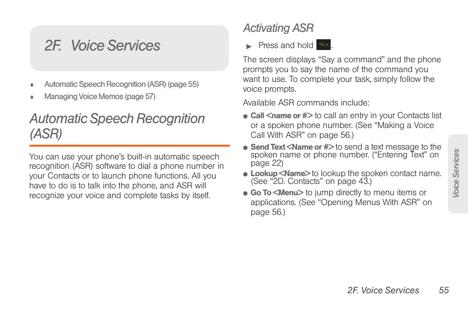 2f. voice services, Automatic speech recognition (asr), Activating asr | Samsung SPH-M260ZKABST User Manual | Page 65 / 121