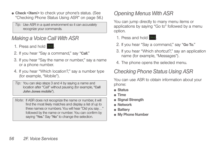 Making a voice call with asr, Opening menus with asr, Checking phone status using asr | Samsung SPH-M260ZKABST User Manual | Page 66 / 121