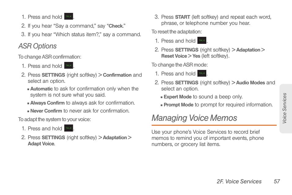 Asr options, Managing voice memos | Samsung SPH-M260ZKABST User Manual | Page 67 / 121