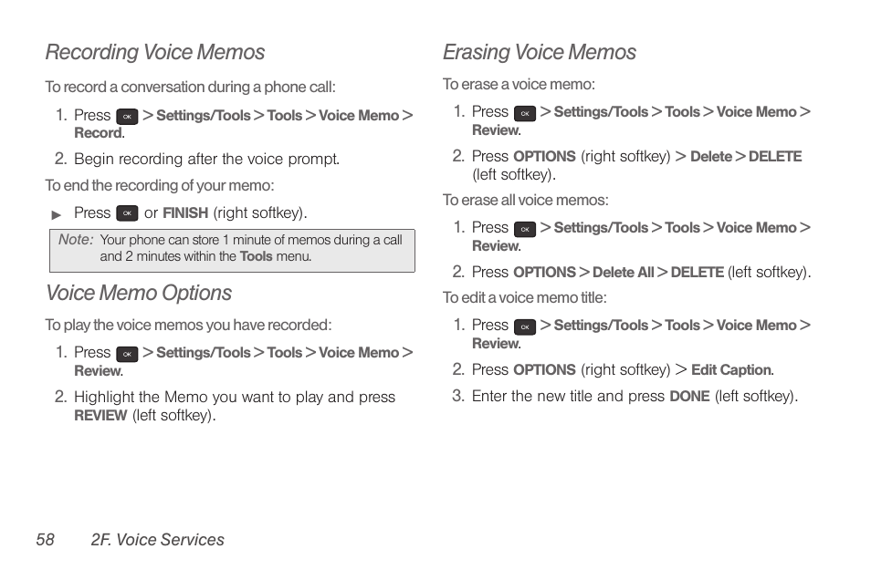 Recording voice memos, To record a conversation during a phone call, Voice memo options | Erasing voice memos | Samsung SPH-M260ZKABST User Manual | Page 68 / 121