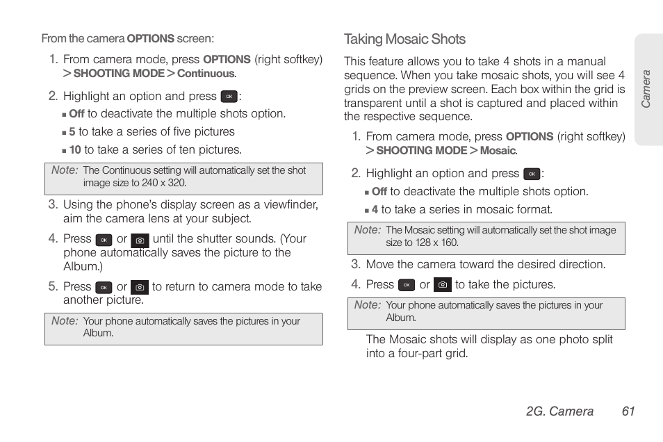 Taking mosaic shots | Samsung SPH-M260ZKABST User Manual | Page 71 / 121