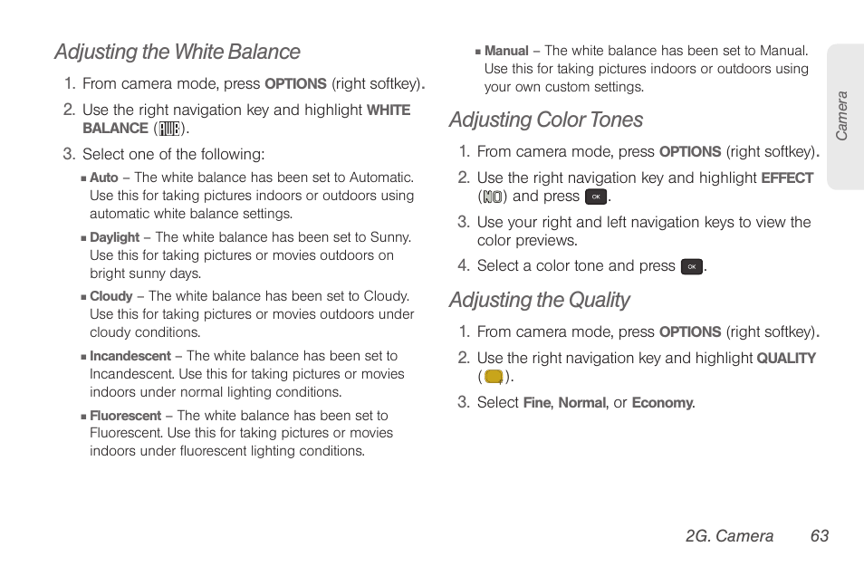 Adjusting the white balance, Adjusting color tones, Adjusting the quality | Samsung SPH-M260ZKABST User Manual | Page 73 / 121