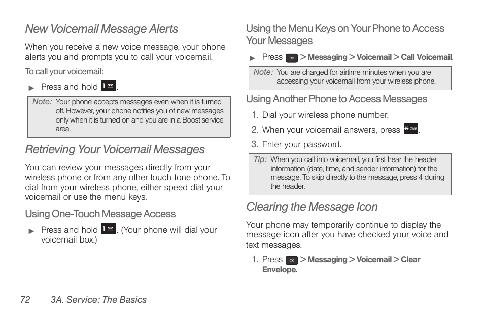 New voicemail message alerts, Retrieving your voicemail messages, Clearing the message icon | Samsung SPH-M260ZKABST User Manual | Page 82 / 121