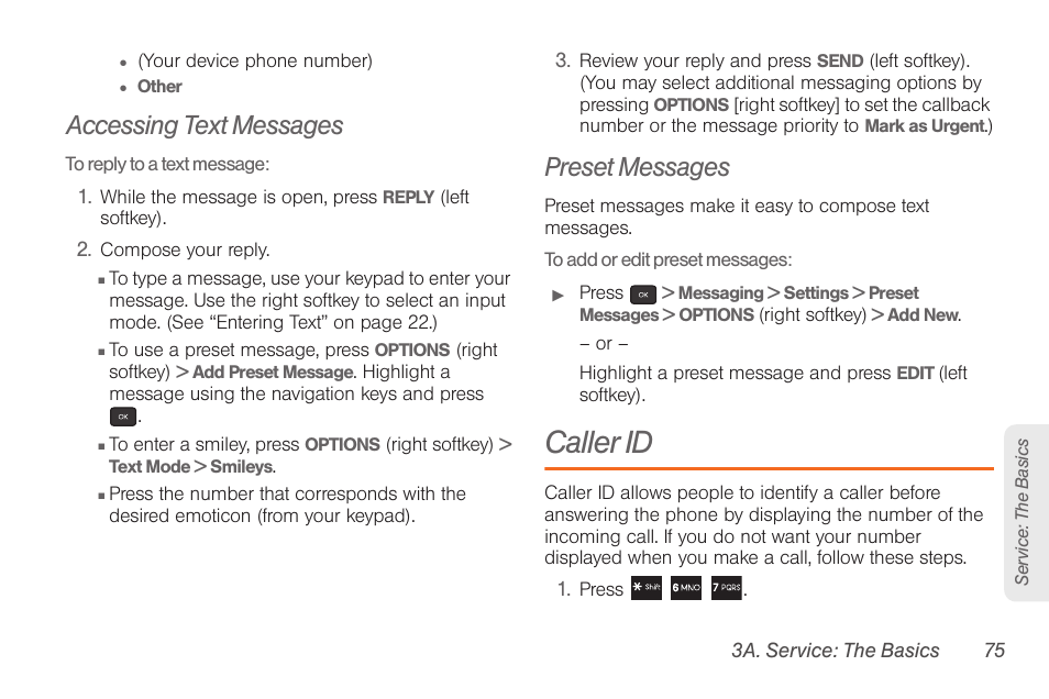 Accessing text messages, Preset messages, Caller id | Samsung SPH-M260ZKABST User Manual | Page 85 / 121