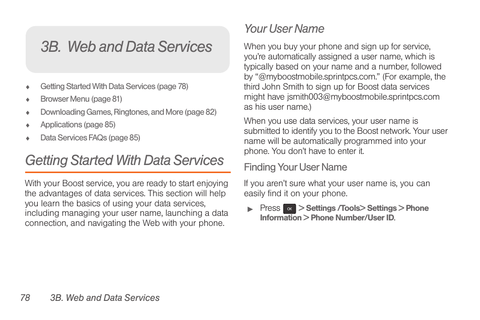 3b. web and data services, Getting started with data services, Your user name | Samsung SPH-M260ZKABST User Manual | Page 88 / 121