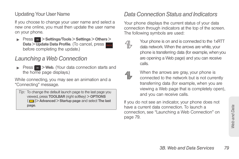 Launching a web connection, Data connection status and indicators, Updating your user name | Samsung SPH-M260ZKABST User Manual | Page 89 / 121