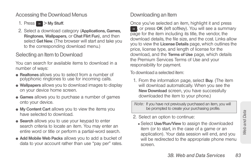 Accessing the download menus, Selecting an item to download, Downloading an item | Samsung SPH-M260ZKABST User Manual | Page 93 / 121