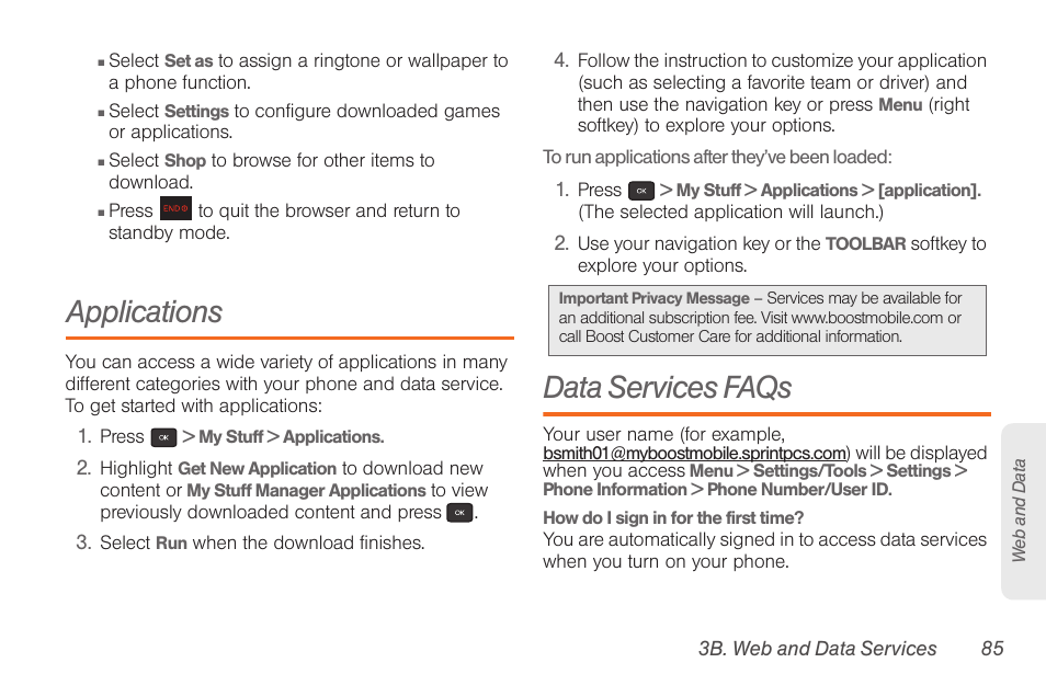 Applications, Data services faqs | Samsung SPH-M260ZKABST User Manual | Page 95 / 121