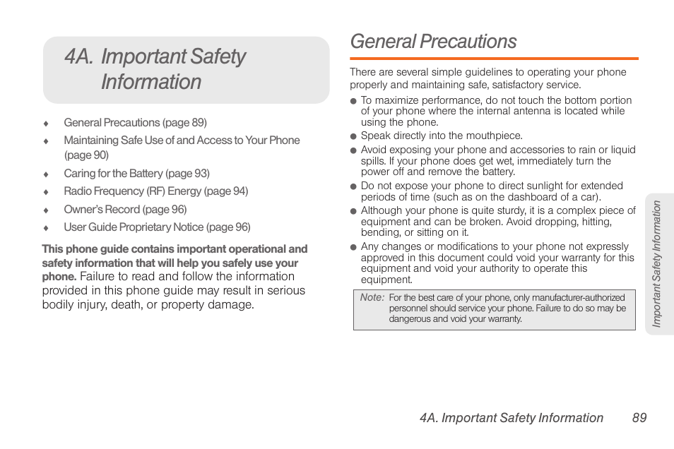 4a. important safety information, General precautions | Samsung SPH-M260ZKABST User Manual | Page 99 / 121