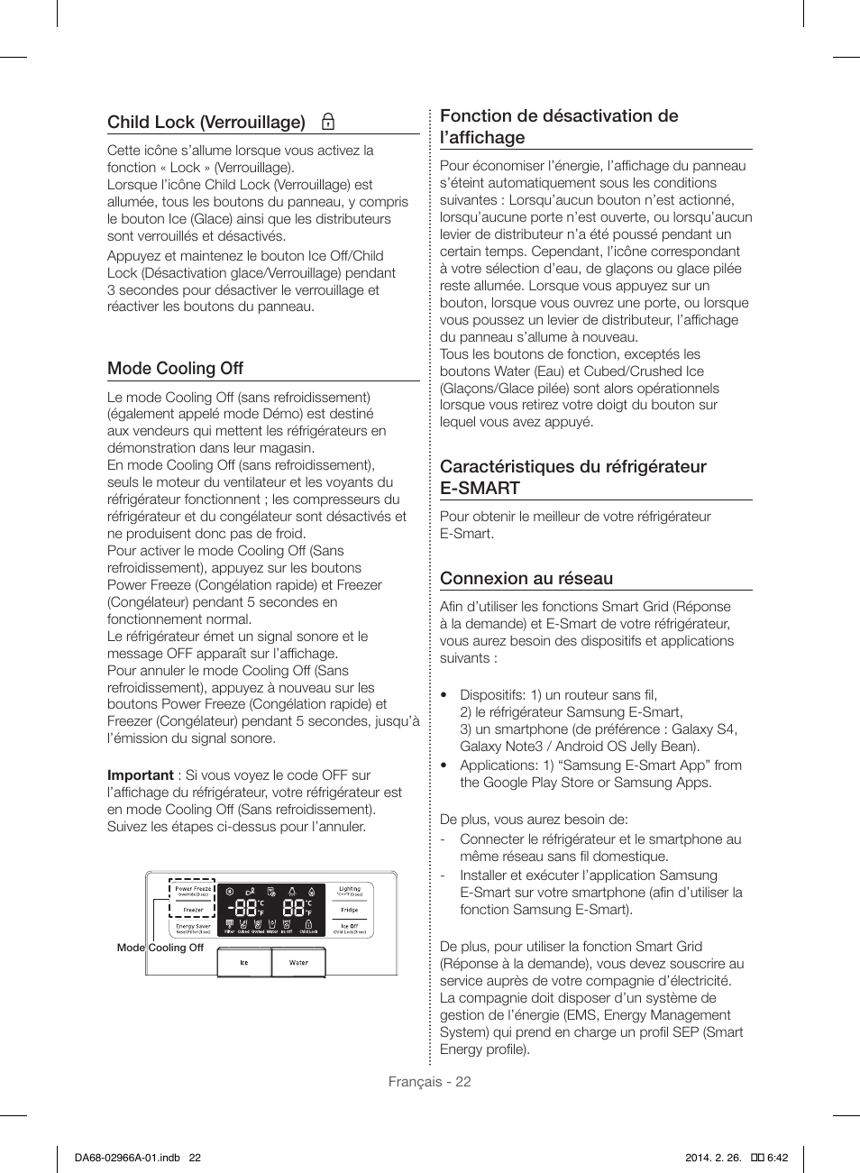 Child lock (verrouillage), Mode cooling off, Fonction de désactivation de l’affichage | Caractéristiques du réfrigérateur e-smart, Connexion au réseau | Samsung RS22HDHPNBC-AA User Manual | Page 100 / 116