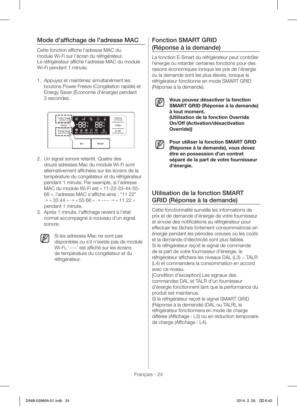 Mode d'affichage de l'adresse mac, Fonction smart grid (réponse à la demande) | Samsung RS22HDHPNBC-AA User Manual | Page 102 / 116
