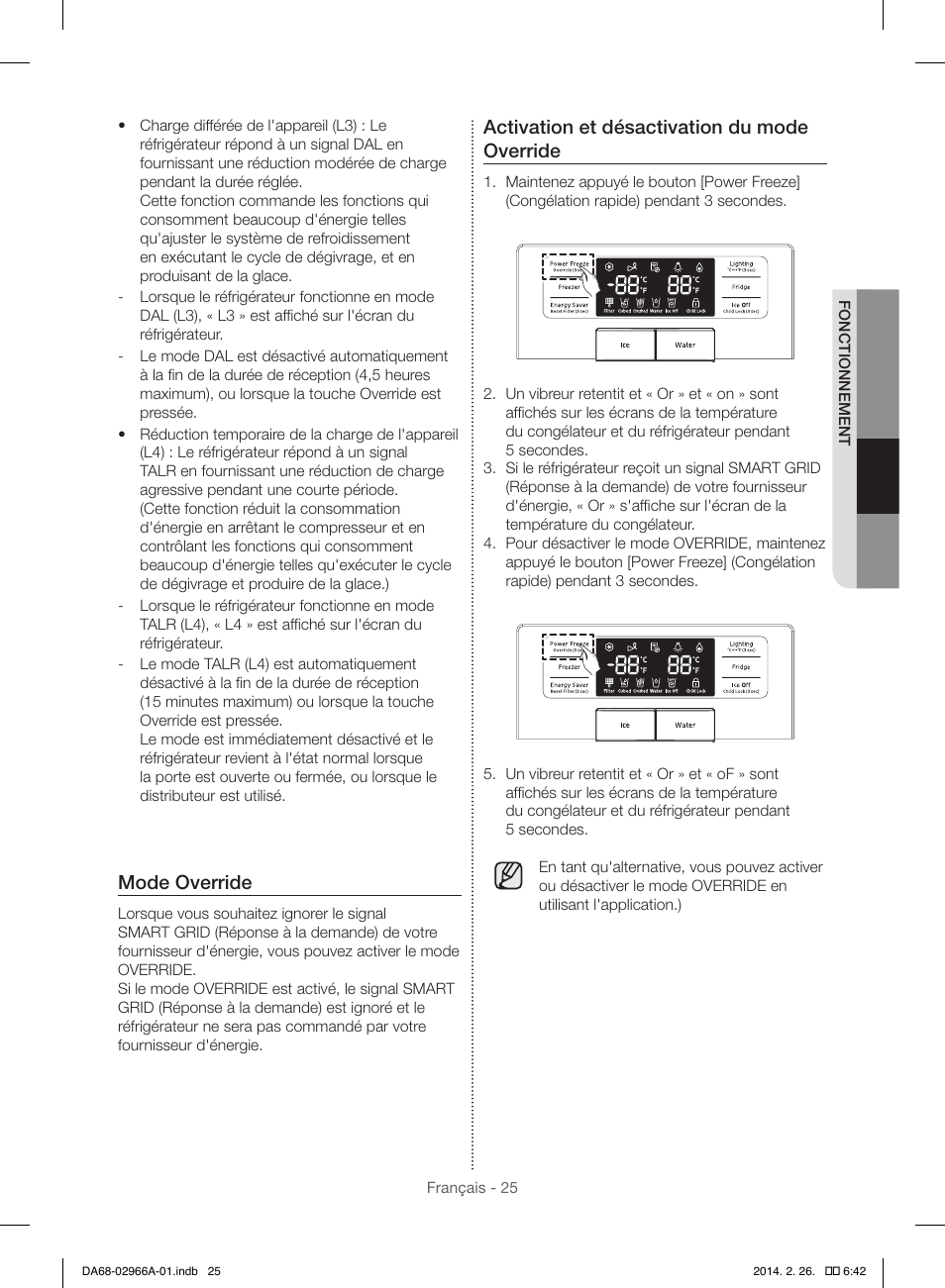 Mode override, Activation et désactivation du mode override | Samsung RS22HDHPNBC-AA User Manual | Page 103 / 116