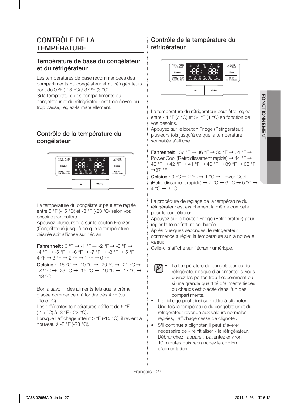 Contrôle de la température, Contrôle de la température du congélateur, Contrôle de la température du réfrigérateur | Samsung RS22HDHPNBC-AA User Manual | Page 105 / 116