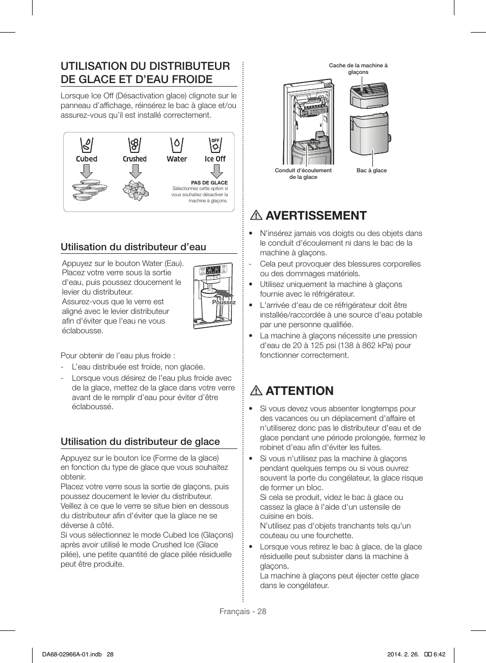 Avertissement, Attention, Utilisation du distributeur d’eau | Utilisation du distributeur de glace | Samsung RS22HDHPNBC-AA User Manual | Page 106 / 116
