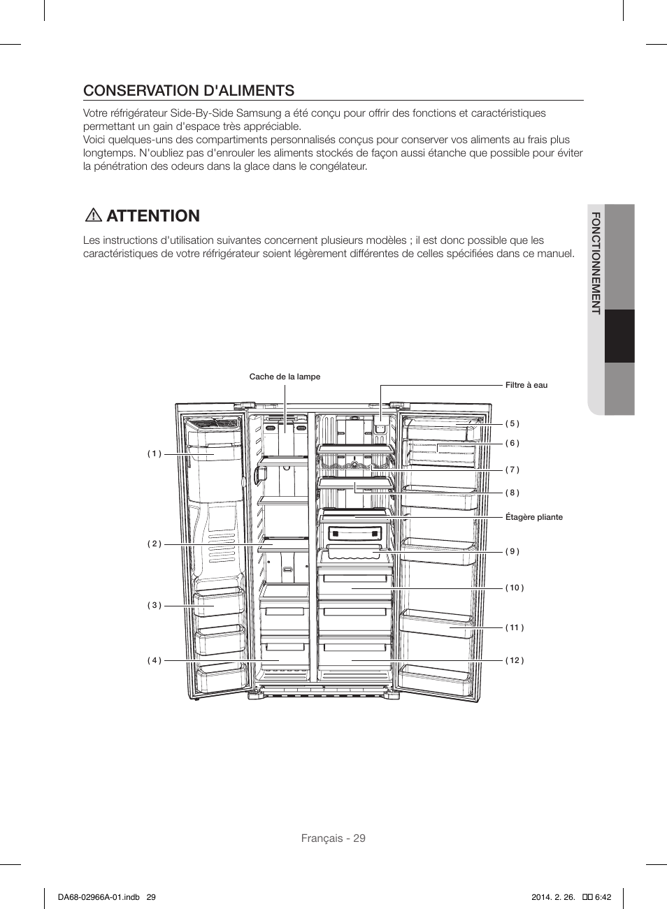 Attention, Conservation d'aliments | Samsung RS22HDHPNBC-AA User Manual | Page 107 / 116