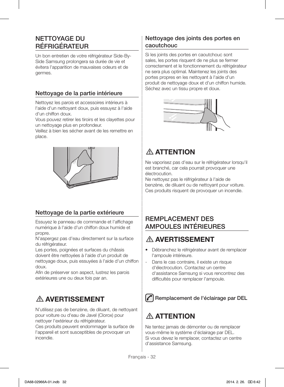 Avertissement, Attention, Nettoyage du réfrigérateur | Remplacement des ampoules intérieures | Samsung RS22HDHPNBC-AA User Manual | Page 110 / 116