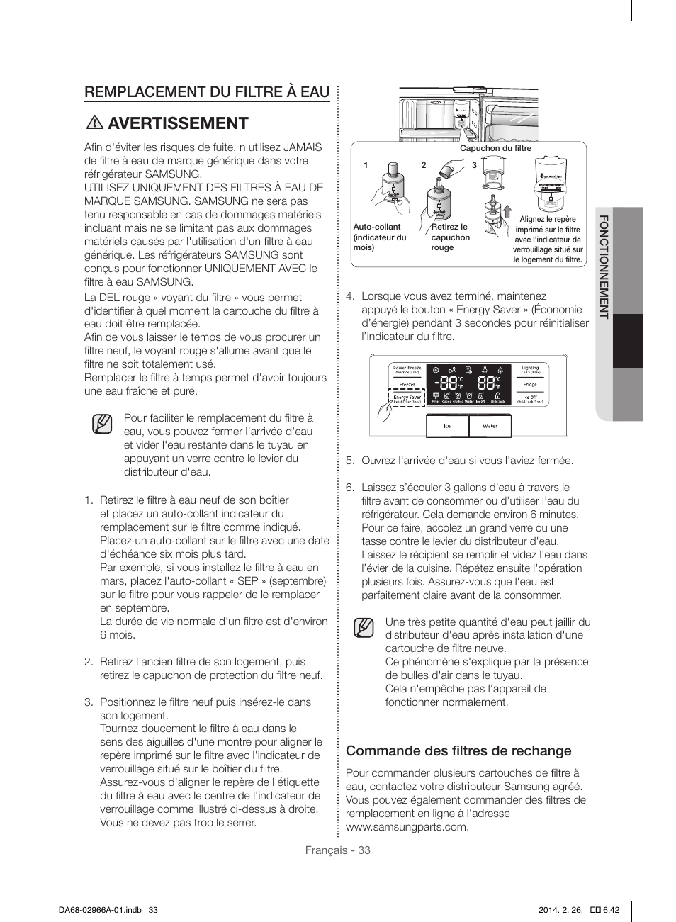 Avertissement, Remplacement du filtre à eau, Commande des filtres de rechange | Samsung RS22HDHPNBC-AA User Manual | Page 111 / 116