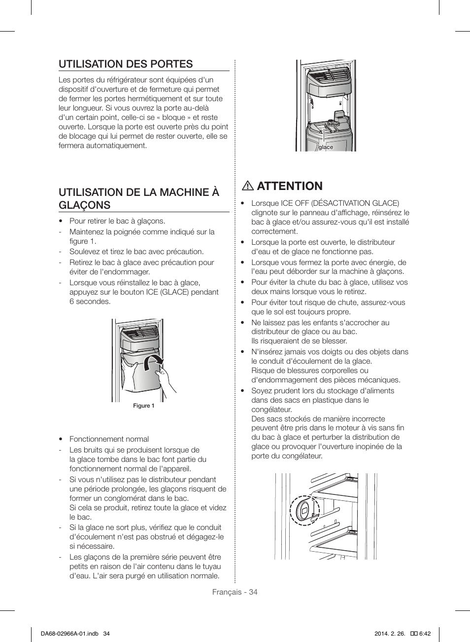 Attention, Utilisation des portes, Utilisation de la machine à glaçons | Samsung RS22HDHPNBC-AA User Manual | Page 112 / 116