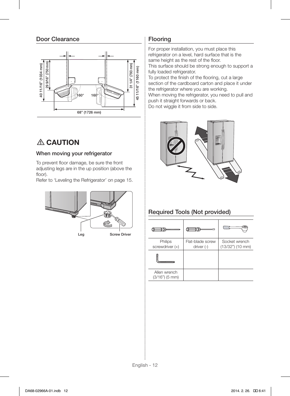 Caution, Door clearance, Flooring | Required tools (not provided) | Samsung RS22HDHPNBC-AA User Manual | Page 12 / 116