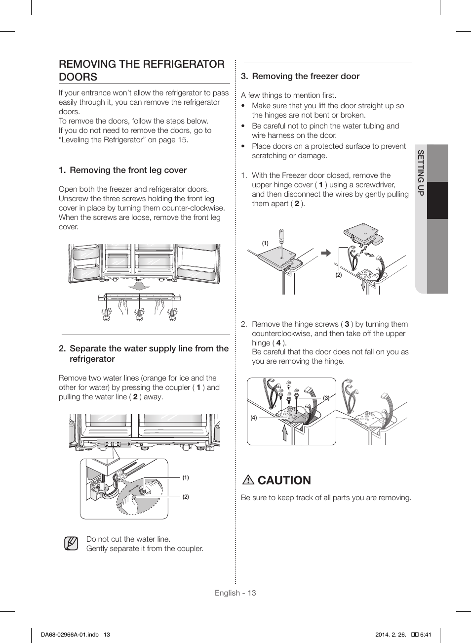 Caution, Removing the refrigerator doors | Samsung RS22HDHPNBC-AA User Manual | Page 13 / 116