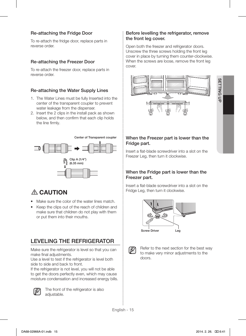 Caution, Leveling the refrigerator | Samsung RS22HDHPNBC-AA User Manual | Page 15 / 116