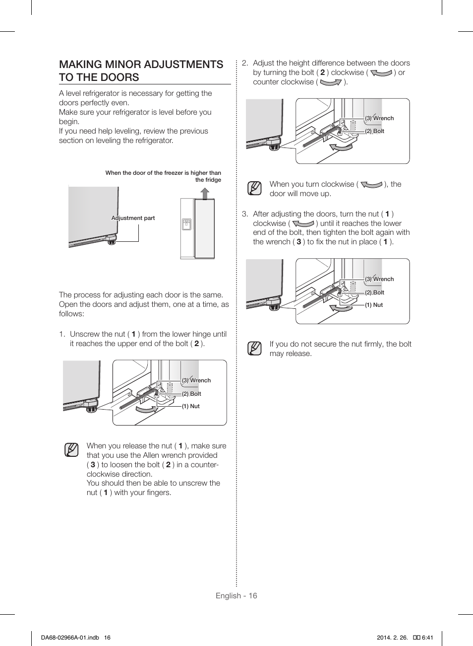 Making minor adjustments to the doors | Samsung RS22HDHPNBC-AA User Manual | Page 16 / 116