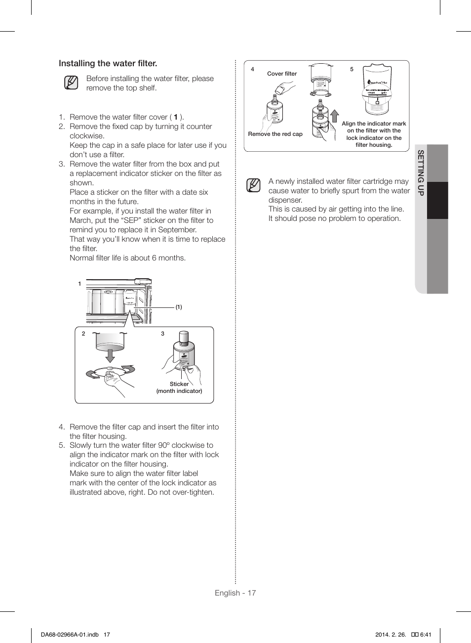 Installing the water filter | Samsung RS22HDHPNBC-AA User Manual | Page 17 / 116