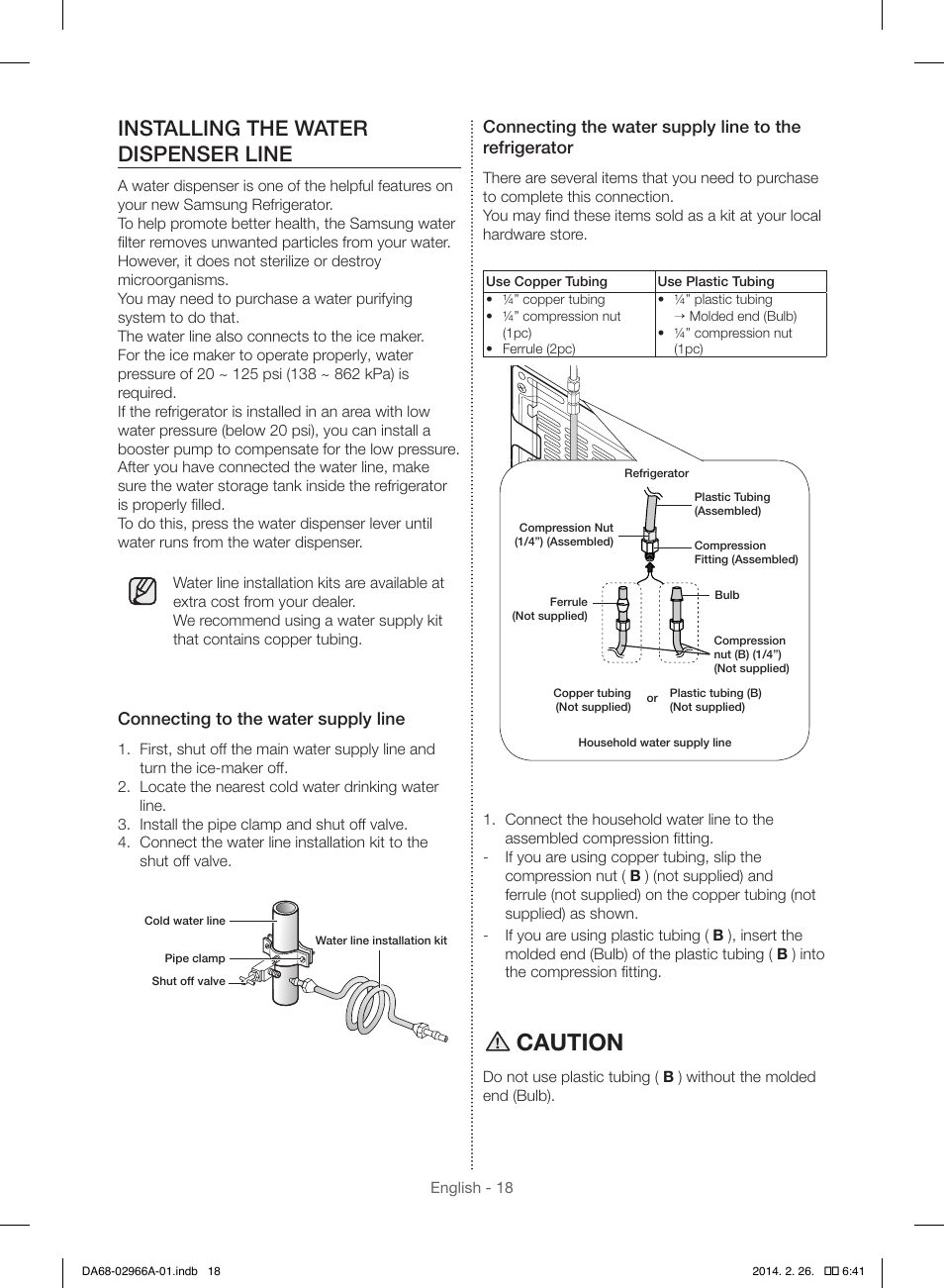 Caution, Installing the water dispenser line | Samsung RS22HDHPNBC-AA User Manual | Page 18 / 116